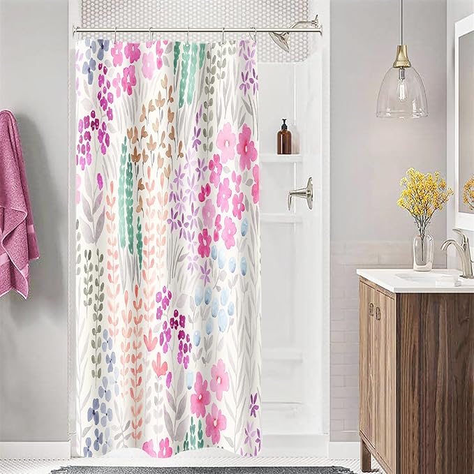 Small Stall Shower Curtain 36 x 72 Inch, Half Narrow Cute Floral Shower Curtain for Bathroom, Hot Pink Wildflower Boho Cottagecore Fabric Shower Curtain Set with Hooks