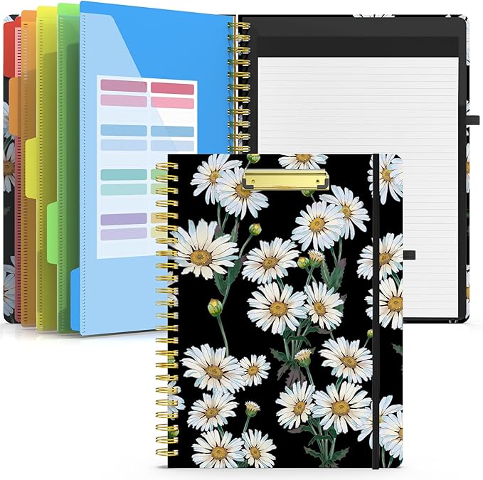 Sooez Clipboard Folio with Refillable Notepad, Folder with 10 Storage Pockets for Letter Size, Spiral Clipboard Notebook, Cute Portfolio for School, Office & Nursing