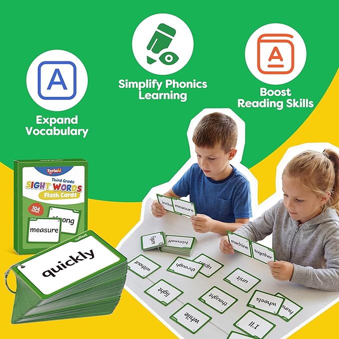Torlam Sight Words Flash Cards for Kids 3rd Grade,Learn to Read Digraphs CVC Blends Long Vowel Sounds Spelling Reading Phonics Games for 8-9 Years, Site Words Classroom Homeschool