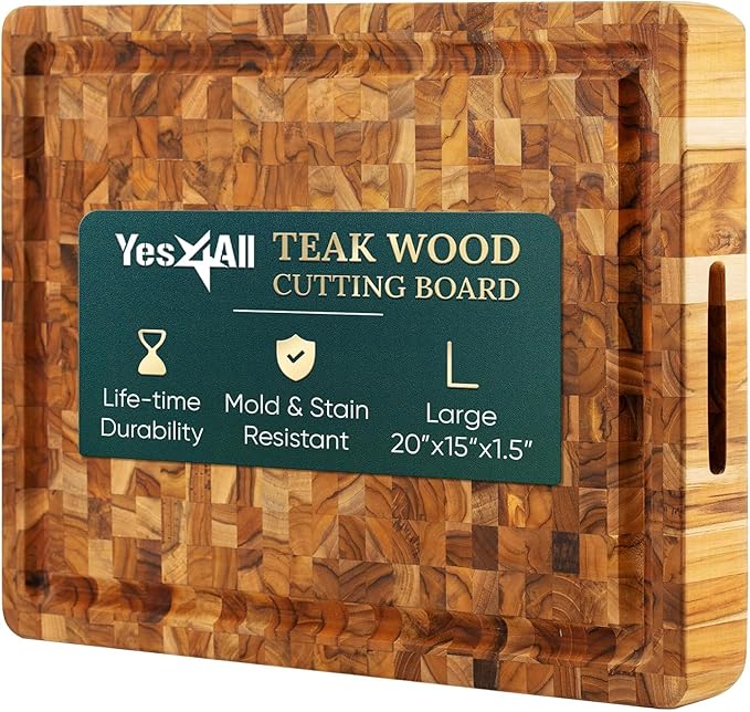 Yes4All Durable Teak Cutting Boards for Kitchen, [20''L x 15''W x 1.5” Thick] Large End Grain Cutting Board, Pre Oiled Wood Cutting Boards, Thick Chopping Board w/Juice Grooves and Easy Grip Handle