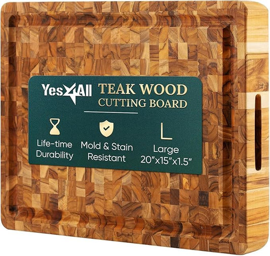 Yes4All Durable Teak Cutting Boards for Kitchen, [20''L x 15''W x 1.5” Thick] Large End Grain Cutting Board, Pre Oiled Wood Cutting Boards, Thick Chopping Board w/Juice Grooves and Easy Grip Handle