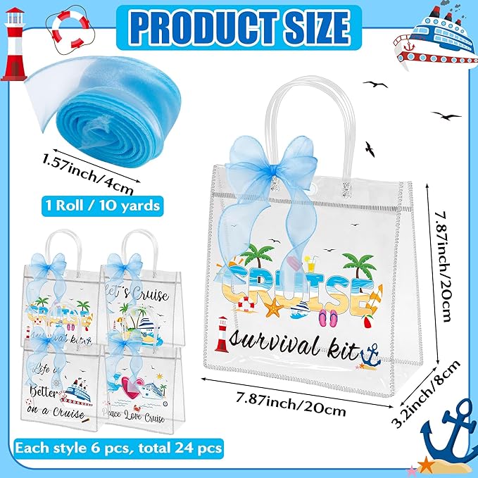 H1vojoxo Summer PVC Gift Bags - 24PCS Cruise Clear PVC Gift Bags with Handle and Blue Ribbon 4 Styles Waterproof and Reusable Cruise Beach Theme Transparent Tote Bag Nautical Party Favor Bag