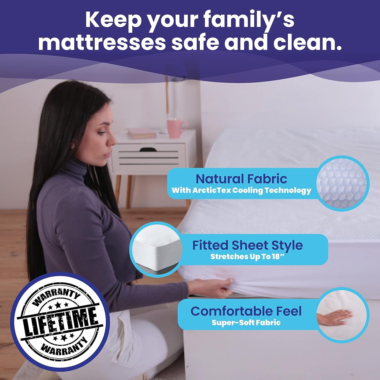 Full Size Waterproof Cooling Mattress Protector by Slumberfy - Premium Skin-Safe Cover, Natural Fabric with ArcticTex Technology, Noiseless Quilted Cover – 54x75 in.