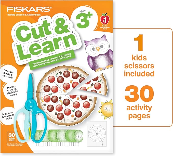 Fiskars Cut & Learn Kids Activity Book and Training Scissors - Gifts for Kids - Ages 3+