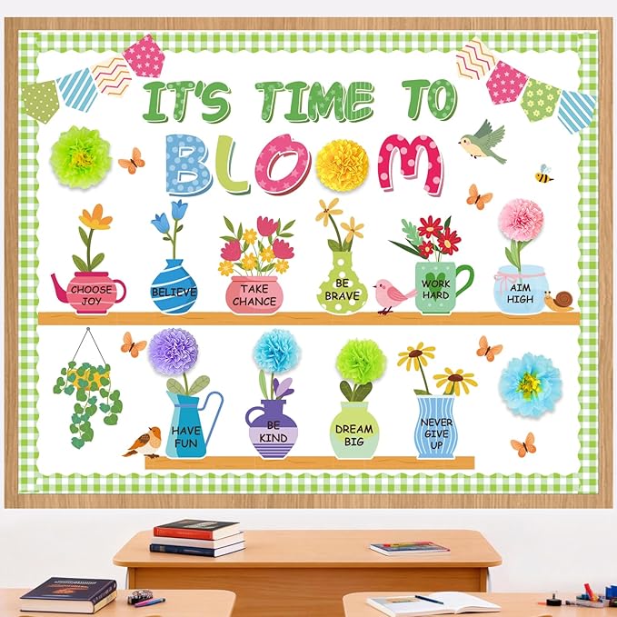 Spring Bulletin Board Decorations for Classroom - It's Time to Bloom Bulletin Board Set with 3D Paper Flower Cutouts Motivational Decorations for Spring Summer School Home Chalkboard Door Wall Supply