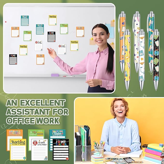 Thenshop 6 Set Teacher Appreciation Gifts 6 Teacher Sticky Notes and 6 Fun Ballpoint Pens Thank You Gifts for Teacher Office Supplies