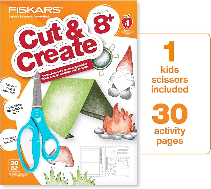 Fiskars Cut & Create Activity Book with 6" Big Kids Scissors, For Ages 8+