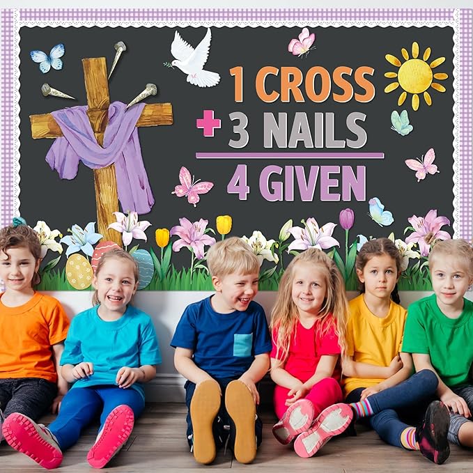Easter Jesus Bulletin Board Set Easter Cross Spring Classroom Decorations 1 Cross 3 Nails 4 Given Religious Paper Cutouts for Church Sunday School Chalkboard Office Wall Door Decor