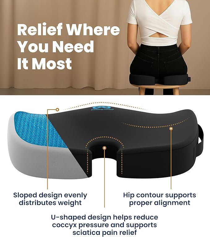 Everlasting Comfort Doctor Recommended Memory Foam Seat Cushion for Office Chairs & Car - Ergonomic Office Desk Accessories - Cushions for Tailbone Pain Relief, Sciatica (Black Cooling, Large)