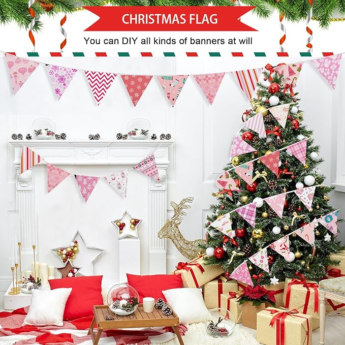 Shimeyao 60 Pcs 10 x 10 Inch Pink Christmas Quilting Fabric Bundle Fat Quarters Santa Snowman Reindeer Print Squares Fabric Printed Patchwork Supplies for Xmas DIY Decorations Sewing Craft