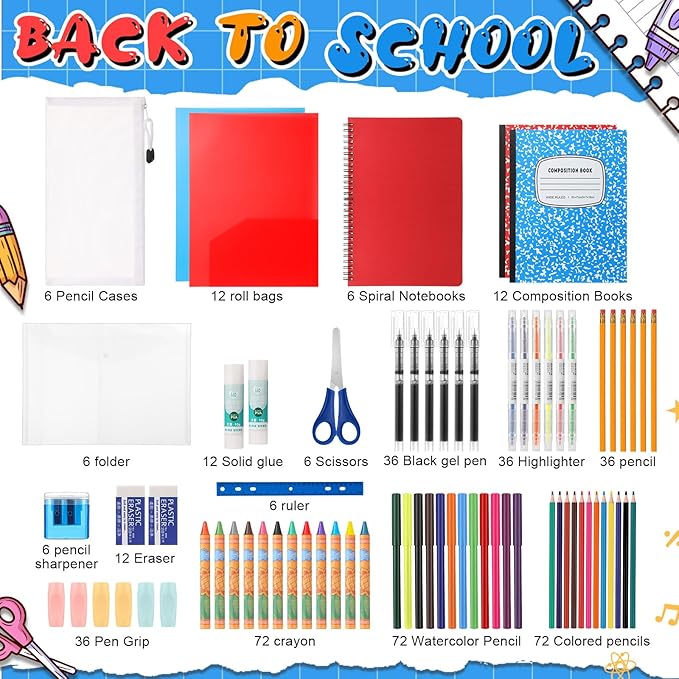 6 Set 2026 School Supplies Kit, 47 Pcs Per Set Back to School Supplies Primary Middle College Bundle Essential Stuff Bulk Pen Notebook Stationery for Kid Student Girl Teen Classroom Boy