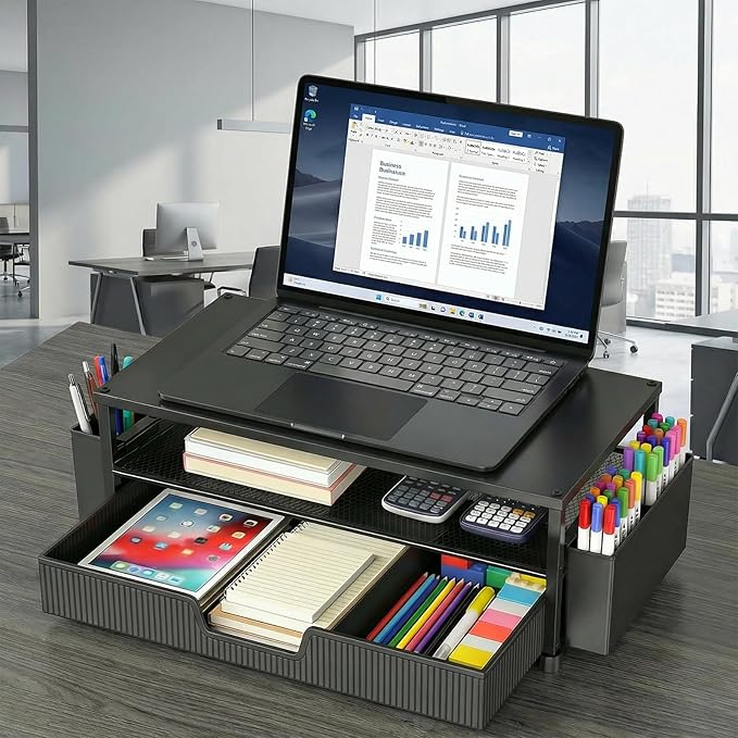 Desk Organizer and Accessories, 2-Tier Computer Monitor Stand Rise with Storage Drawer & 2 Pen Holders, Laptop & Printer Stand for Desktop, Workspace Organizers for Office Supplies (Black)