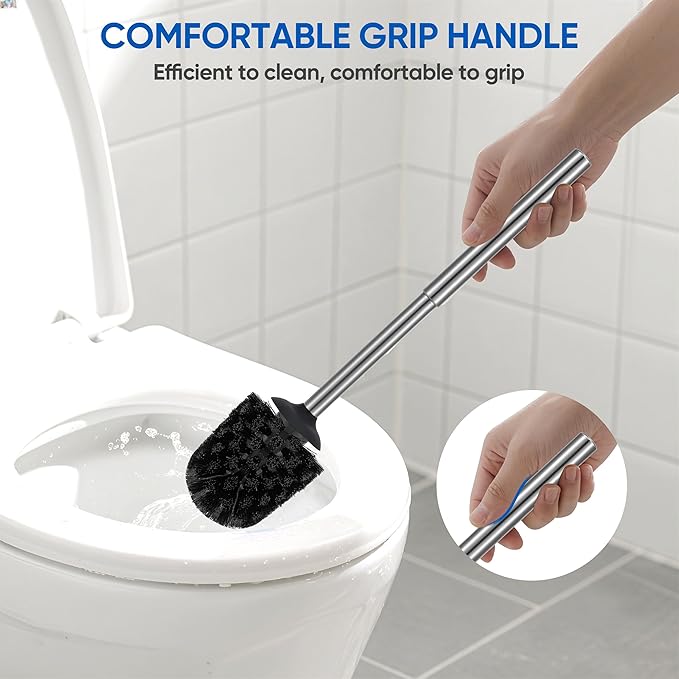 SUS304 Stainless Steel Toilet Brush and Holder Set Stain Nickle 12In Handle BristlesToilet Bowl Brush Cepillo para Baños Bathroom Brushes Cleaning Brush with Case Anti-Rust Brushed Silver