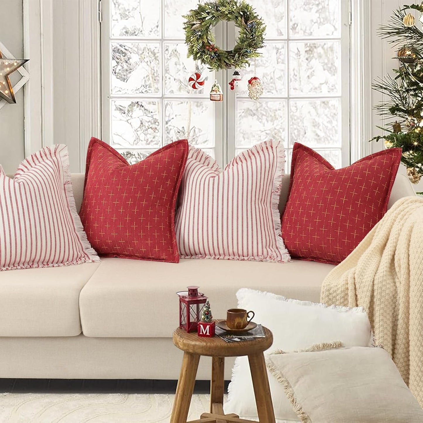 ZWJD Christmas Pillow Covers 26x26 Set of 2 Soft Polyester Textured Red Pillows with Stylish Flange Edge Cozy Farmhouse Christmas Decor for Couch Bed Sofa Living Room (Red)