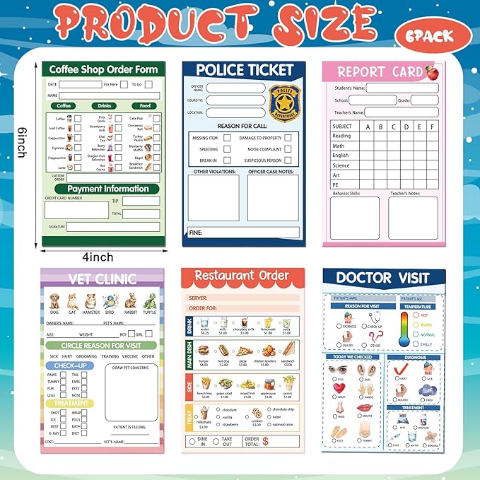 Eaasty 6 Pcs Kids Pretend Play Notepads for Kids Pretend Play Imaginative Role Playtime Bundle Include Doctor Police Teacher Vet Coffee Restaurant