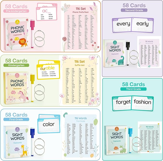 WJPC 300 Cards, 580PCS High Frequency Sight Words Flash Cards for (1st, 2nd, 3rd Grade, First Second Third Grade Prefix Suffix 6,7,8,9,10,11 Years Ages Kids Boys Girls