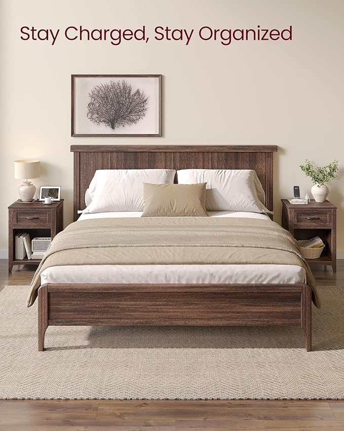 VASAGLE LIRY Collection - Farmhouse Nightstands with Charging Station, Set of 2 Bedside Tables, Side Tables with Drawer, Open Compartment, for Bedroom, Maroon Brown ULET959K51