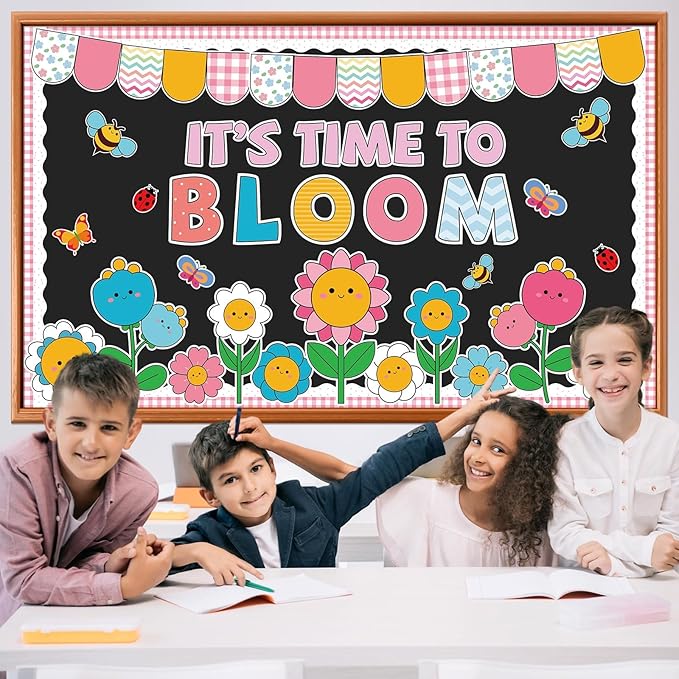 Spring Bulletin Board Set Decorations Colorful Flower Bee Paper Cutouts Spring Bloom Floral Classroom Bulletin Board Decoration Kit for School Home Chalkboard Window Holiday Party Decor