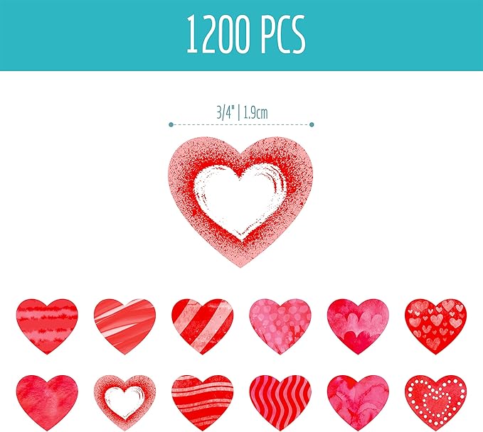 1200 PCS Red Heart-Shaped Sticker, 12 Designs Self-Adhesive Labels with Perforation Line in Roll for Valentine's Day, Blood Drives, Teachers & Classrooms, Award Charts, Bookmarks (3/4" Each)