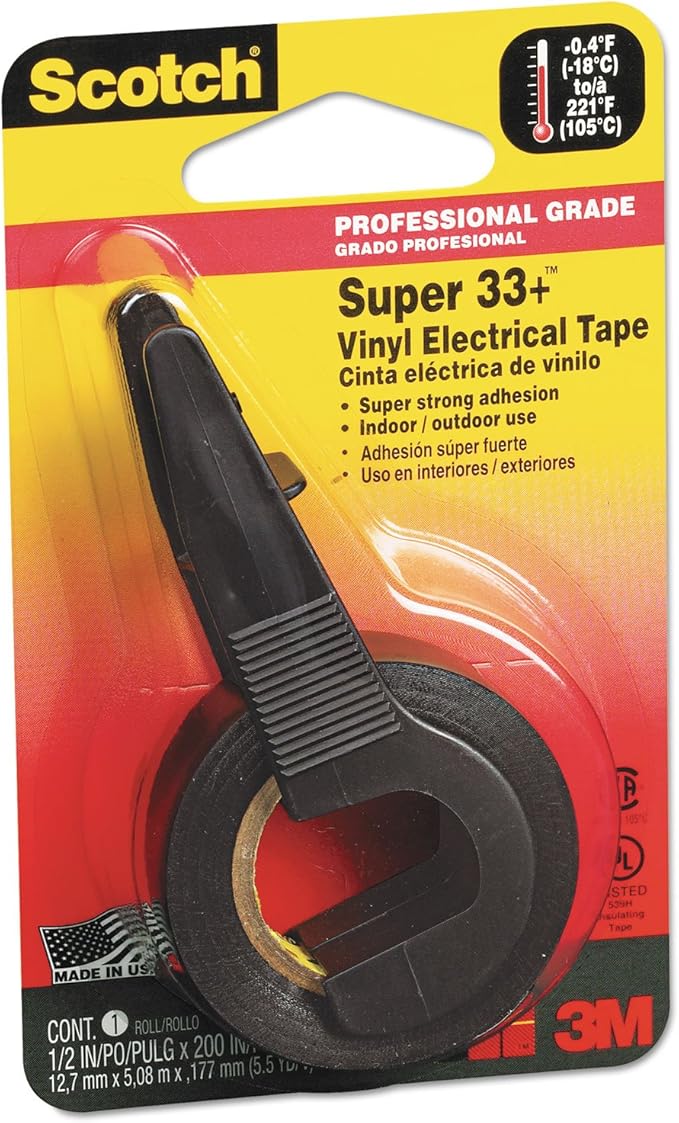 EAR MMM194NA Super 33+ Vinyl Electrical Tape with Dispenser, 200' Length x 1/2" Width, Black