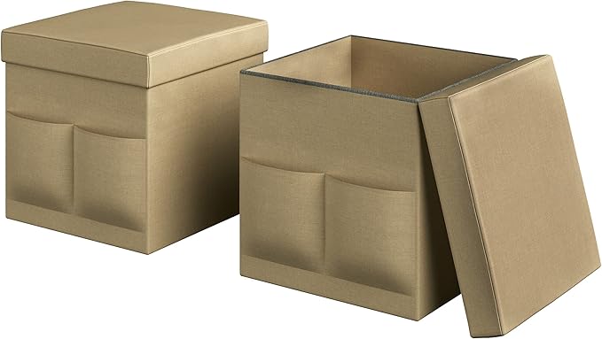 Set of 2 Ottomans with Storage Pockets - 15-Inch Folding Foot Rests or Storage Organizers for Bedroom, Living Room, or Dorm by Lavish Home (Beige)