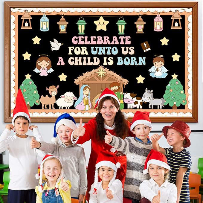 Christian Nativity Religious Bulletin Board Set Christmas Jesus Birth Hippie Classroom Decorations Border Xmas Paper Cutouts for Chalkboard Wall Holiday Christian Church Sunday School Decor