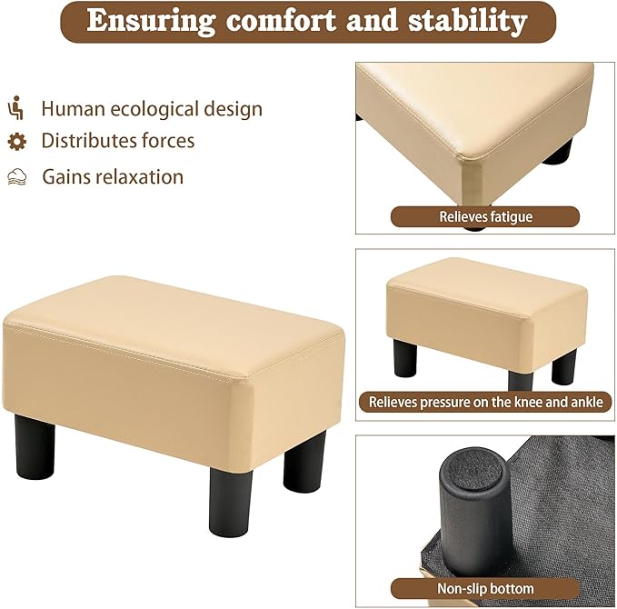 VECELO Small Foot Stool Ottoman, PU Foot Rest with Legs, Rectangle Footrest for Living Room Couch, Beige