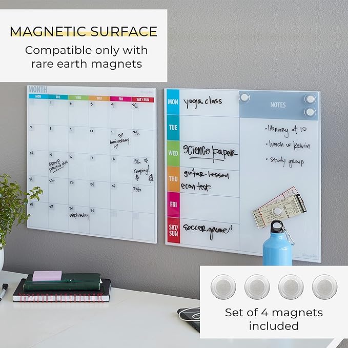 ECR4Kids MessageStor Magnetic Dry-Erase Glass Board with Magnets, 17.5in x 17.5in, Wall-Mounted Whiteboard, Assorted Calendar, 2-Pack