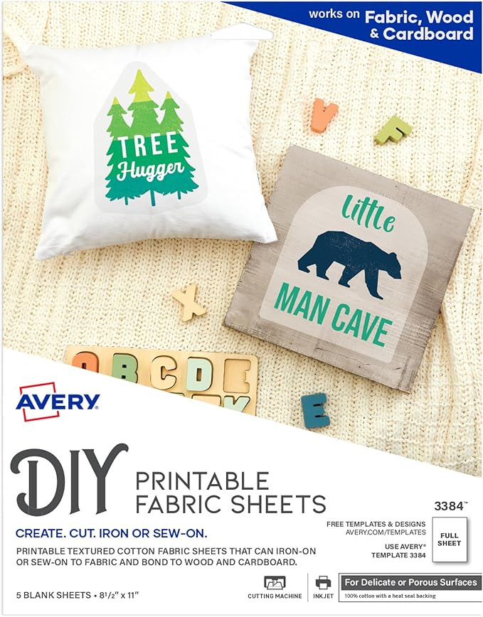 Avery Printable Fabric Sheets, 8.5" x 11", Inkjet Printer, 5 Iron On Transfer Sheets (3384)