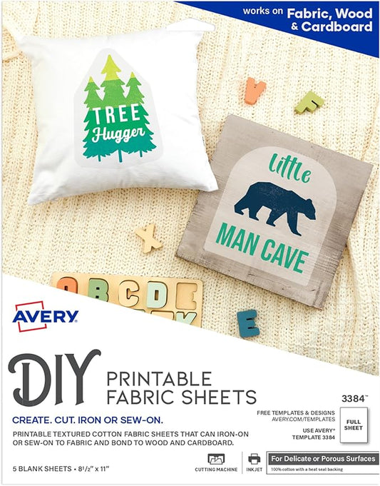 Avery Printable Fabric Sheets, 8.5" x 11", Inkjet Printer, 5 Iron On Transfer Sheets (3384)