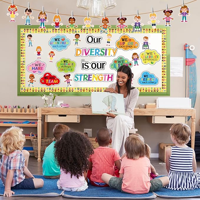 Diversity Bulletin Board Decoration Set Diverse Students Borders Cutouts for Party School Classroom Door Welcome Bulletin Board Craft Home Wall(Our Diversity is Our Strength)