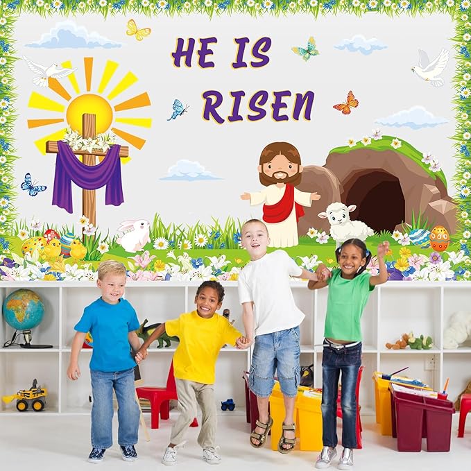 Pasimy Easter Bulletin Board Decorations Set Christian Easter Classroom Decorations Easter Bunny Egg Paper Cut Outs for School Nursery Spring Easter Birthday Party Supplies(Christian)