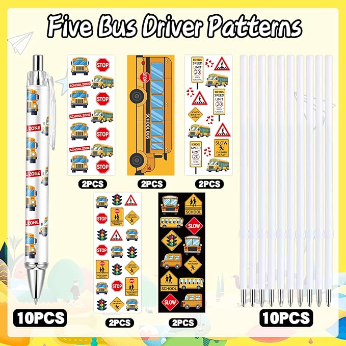 10 PCS School Bus Pens Bulk, Bus Driver Appreciation Gifts Pens Accessories Teachers Pen Thank You Work Ballpoint Pens Thanksgiving Christmas Gifts for Men Women Office Supplies (Bus Driver)