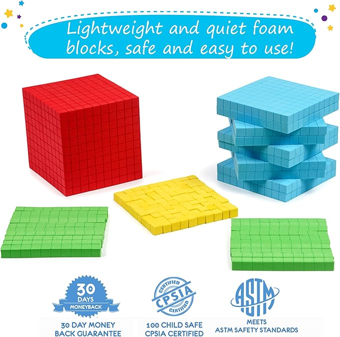 Simply magic 131 PCS Foam Base Ten Blocks for Math - Place Value Blocks, Base 10 Math Manipulatives K-3, Math Counters, Number Blocks, Math Cubes, Counting Blocks - Kindergarten 1st 2nd 3rd Grade