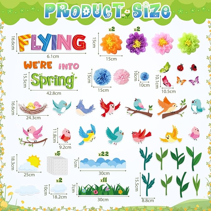 Blosssound 82 Pcs We're Flying into Spring Bulletin Board Set Spring Floral Bird Cutouts with 3D Tissue Paper Pompoms Colorful Bird Classroom Decorations for School Home Decor Supplies