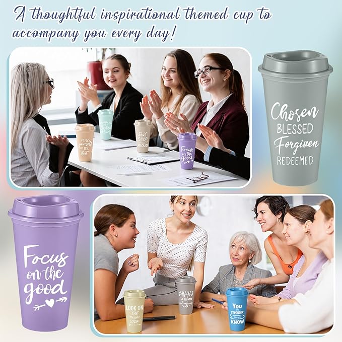 12 Pcs Inspirational Gifts for Employee Coworkers Staff Teammate, 16oz Reusable Plastic Coffee Cups with Positive Sayings, Bundle Gifts for Woman Man Coworker (Light Morandi,Inspirational)
