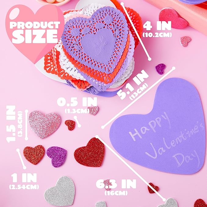 JOYIN 86 Pcs Valentines Day Heart Doilies Craft Gift Set with 50 Pcs Paper Doilies, 12 Foam Craft and 1 Bags of Glitter Foam Heart Stickers for Valentine's Day Party Tableware Decoration