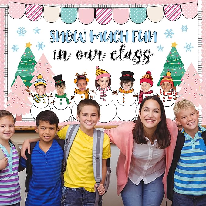 Winter Bulletin Board Decoration Set Xmas Tree Snowflakes Classroom Paper Cutouts Winter Snowman DIY Photo Bulletin Board Paper Decor for Christmas Holiday School Classroom Home Chalkboard Wall Decor