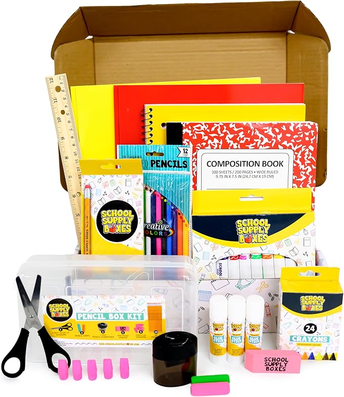 School Supply Boxes | K-5 Pallet (180 Boxes) | Back to School Essentials Kit for Students & Teachers | Includes Wide-Ruled Paper Products, Crayons, Markers, Colored Pencils, & More