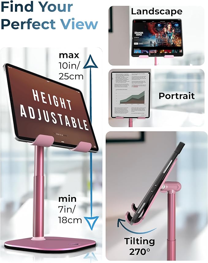 COOPER TabHolder, 7-10" Height Adjustable Tablet Stand, Premium iPad Stand for Desk, 270° Tilt iPad Holder, Kindle Holder, 15.6-17" Portable Monitor Support, (Lavender Pink)