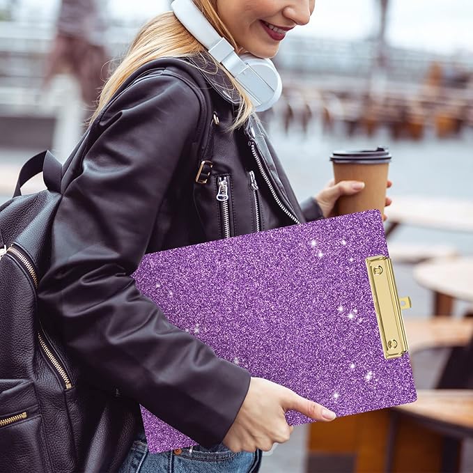 Piasoenc Acrylic Clipboards, Fashion Glitter Clip Board with Low Profile Gold Clip, Designed for Classroom School and Office Use, A4 Letter Size 9 x 12.5 in,Purple