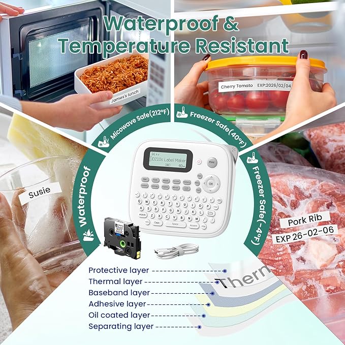 Label Maker Waterproof Labels, Labeler Machine with Tape, D210s Labeling Maker, 16+ Bolder/Handwritten Fonts & Intuitive Shortcut Keys, 12mm Removable Freezer Food Labels for Jars/Containers/Bottle