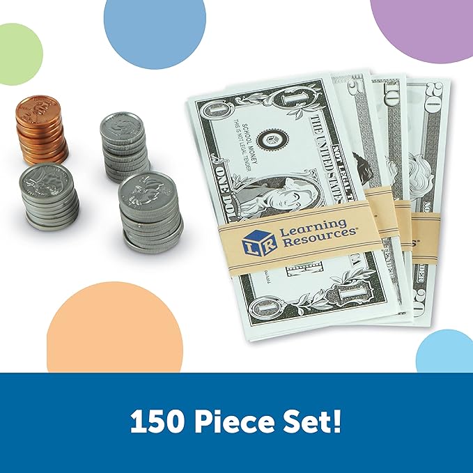 Learning Resources Pretend Play Money - Math Manipulatives for Kids, Kids Bank, Plastic Coins, Cash Register, Toddler, Homeschool Supplies, Fine Motor Skills, Teaching Set Manipulatives