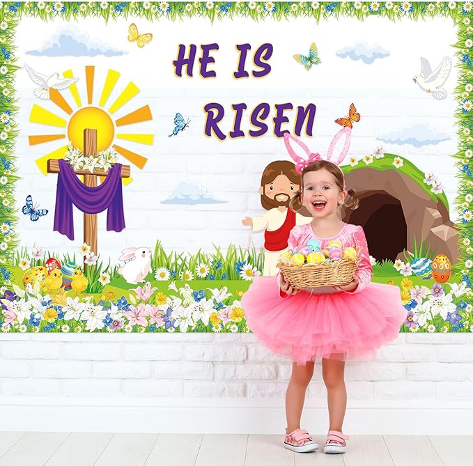 Pasimy Easter Bulletin Board Decorations Set Christian Easter Classroom Decorations Easter Bunny Egg Paper Cut Outs for School Nursery Spring Easter Birthday Party Supplies(Christian)