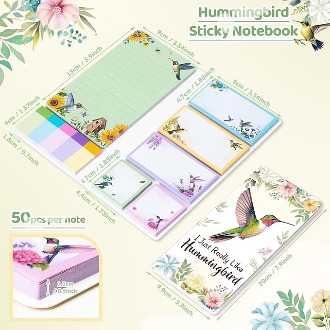 B1ykin Cute Sticky Notes Set - I Just Really Like Hummingbird Self-Stick Notes Pad, 550 Sheets Writing Memo Pages Sticky Notepad for Teacher Appreciation Gifts, School Office Supplies (Hummingbird)