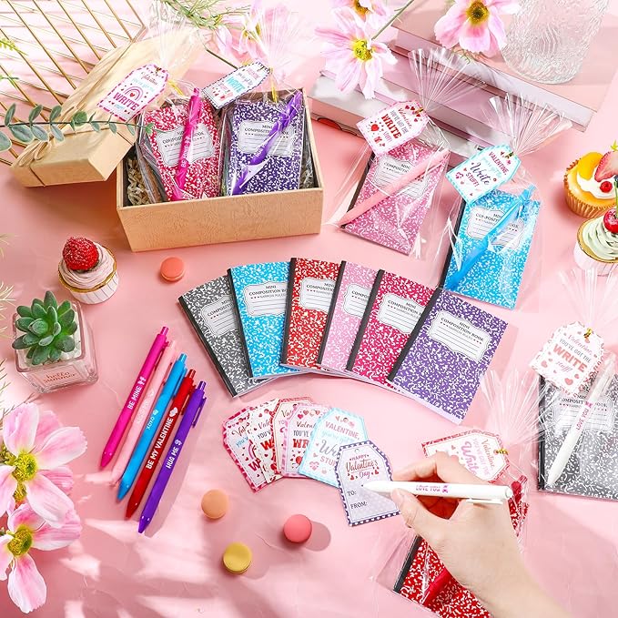 Pajean 96 Pcs Valentine's Day Stationery Set 24 Valentine's Day Notebooks with 24 Pens 24 Cards 24 Gifts Bags for Home Valentines Exchange Gifts School Classroom Office Party Favors Supplies