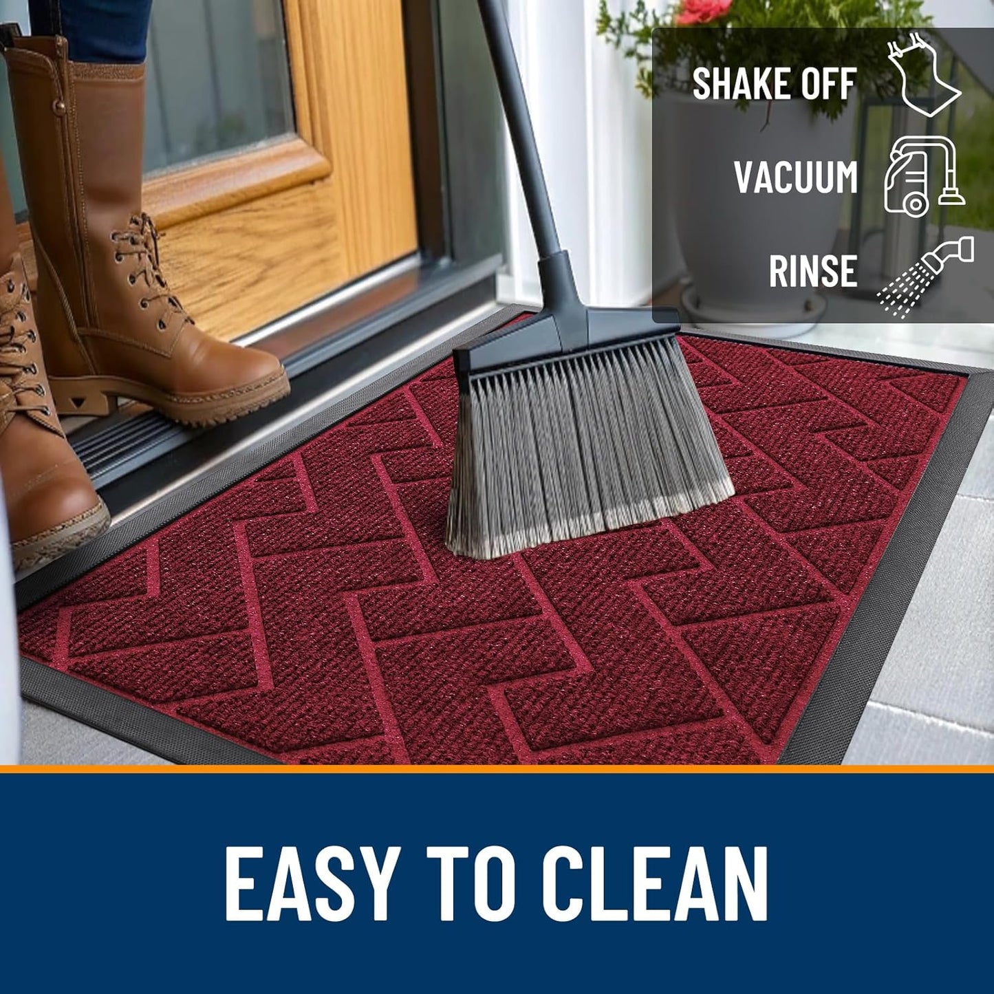 OLANLY Front Door Mat Indoor Outdoor Entrance, Waterproof All-Season, All-Weather Doormat, Sturdy Natural Rubber, Low Profile, Easy Clean Patio Porch Entryway Mat, Herringbone Brick (Wine Red, 47x32)