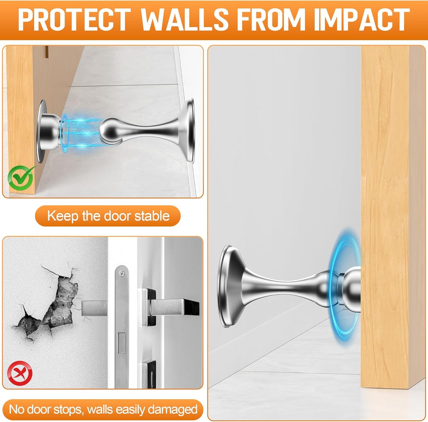 Crosize Magnetic Door Stoppers 2 Pack, Stainless Steel Door Catch for Wall and Floor Mounting, Door Holder Keep Door Open, No Drilling Door Stop with Adhesive Tapes, Silver