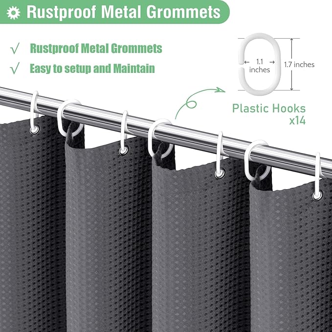 Dynamene Extra Wide Shower Curtain - 84 Inch Wide Waffle Weave Weighted Thick Cloth Bathroom Shower Curtain, Neutral Heavy Duty Hotel Bath Curtain Set with 14 Plastic Hooks, 84x72, Charcoal Grey