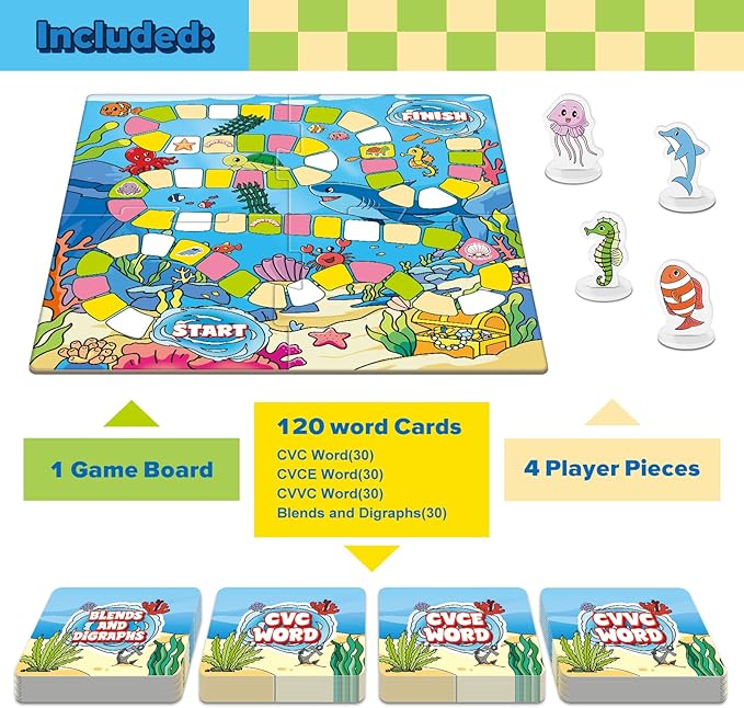 Word Ocean Phonics Board Game for Kids, Educational Learning Board Game for Boys and Girls, Reading and Spelling Game Ages 4-6, Classroom Travel Indoor Outdoor Family Game